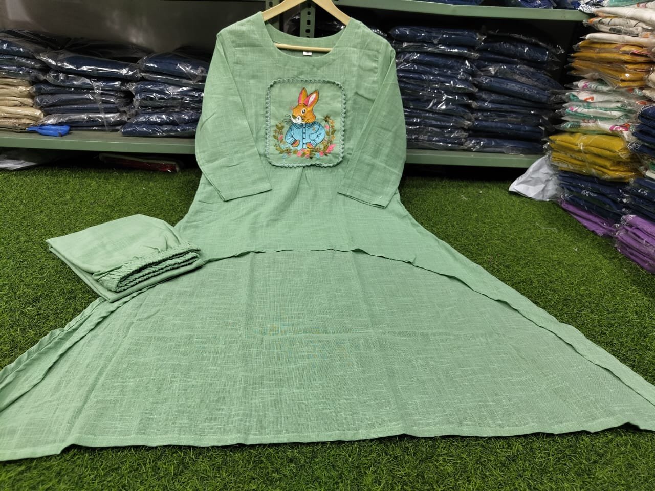 Green Cotton Slub Embroidered Tunic Set